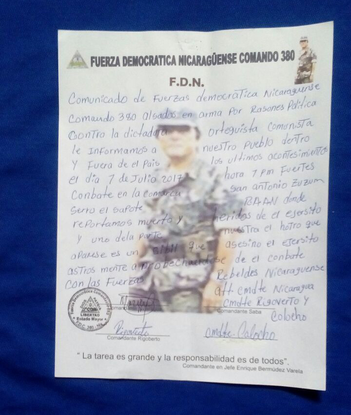 Comunicado de las autodenominadas Fuerzas Democráticas Nicaragüenses FDNC-380. LA PRENSA/J. GARTH